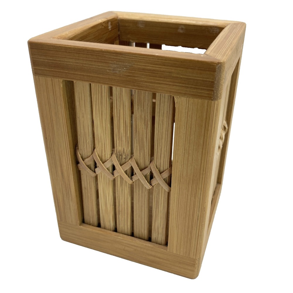 Vtg Bamboo Rattan MCM‎ Planter Desk Organizer 4.5" Boho Natural
